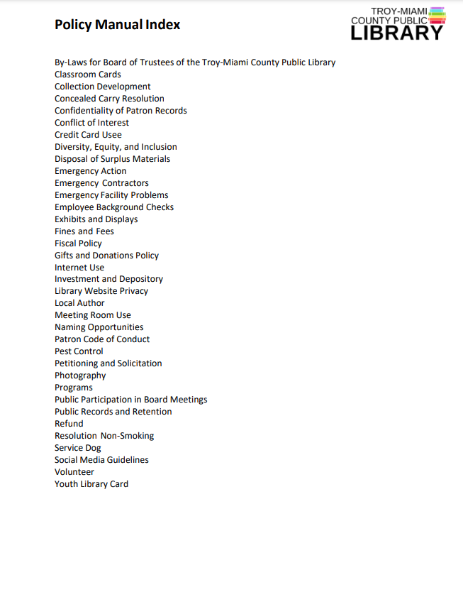 White page with policy manual index words in black. Troy library logo with purple blue, green, yellow, orange, and red books.